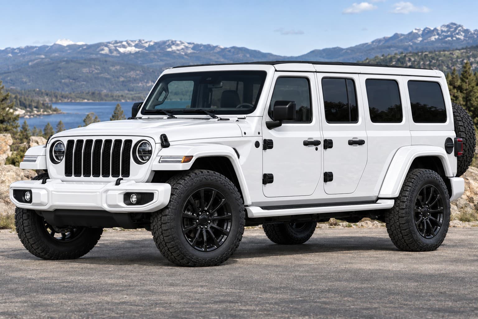 Concept illustration of a white extended three-row Jeep Wrangler with black wheels